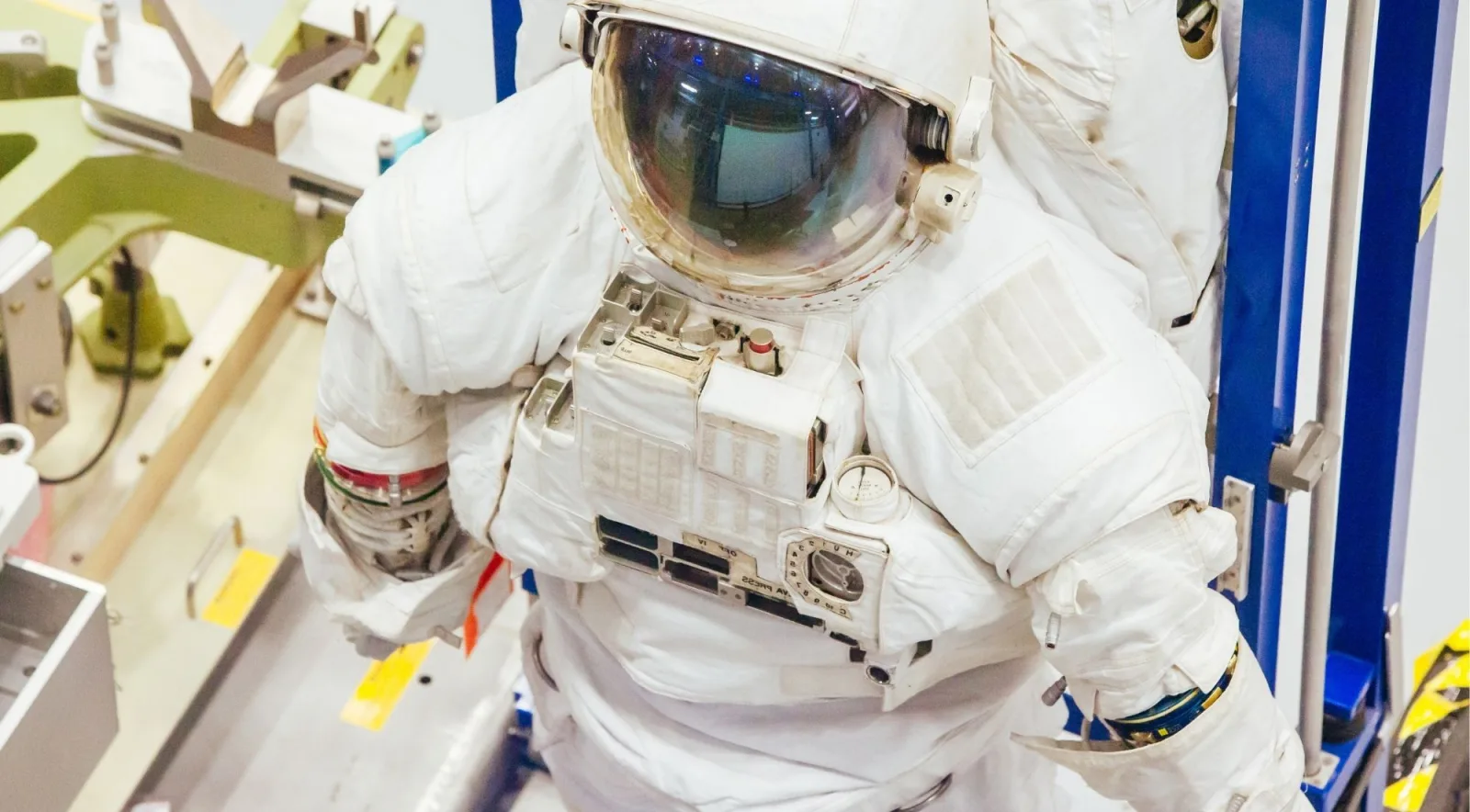 A NASA astronaut spacesuit displayed in a gallery at Space Center Houston