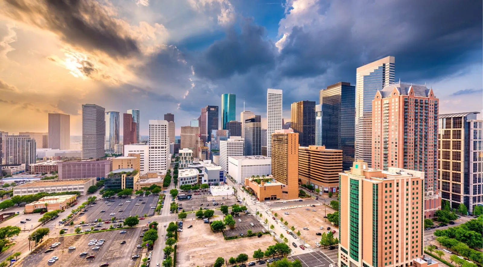 The downtown Houston skyline on a bright, cloudy afternoon
