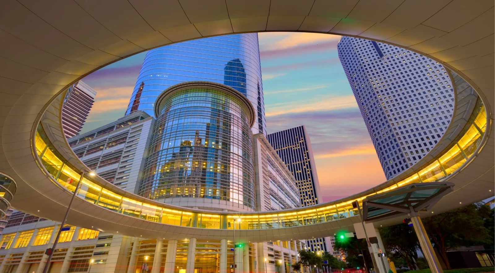 Houston's downtown towers glowing at sunset