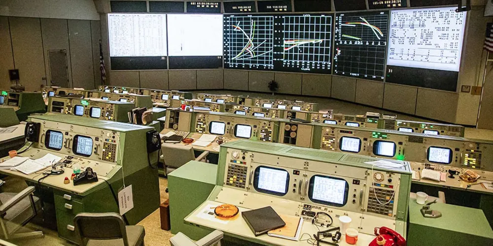 The restored Apollo-era Mission Control room at Space Center Houston