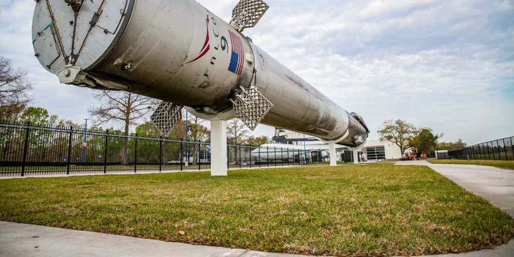 SpaceX Falcon 9 first-stage booster on display outside Space Center Houston