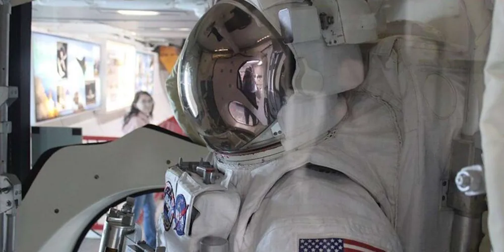 Close-up of a NASA astronaut spacesuit on display at Space Center Houston